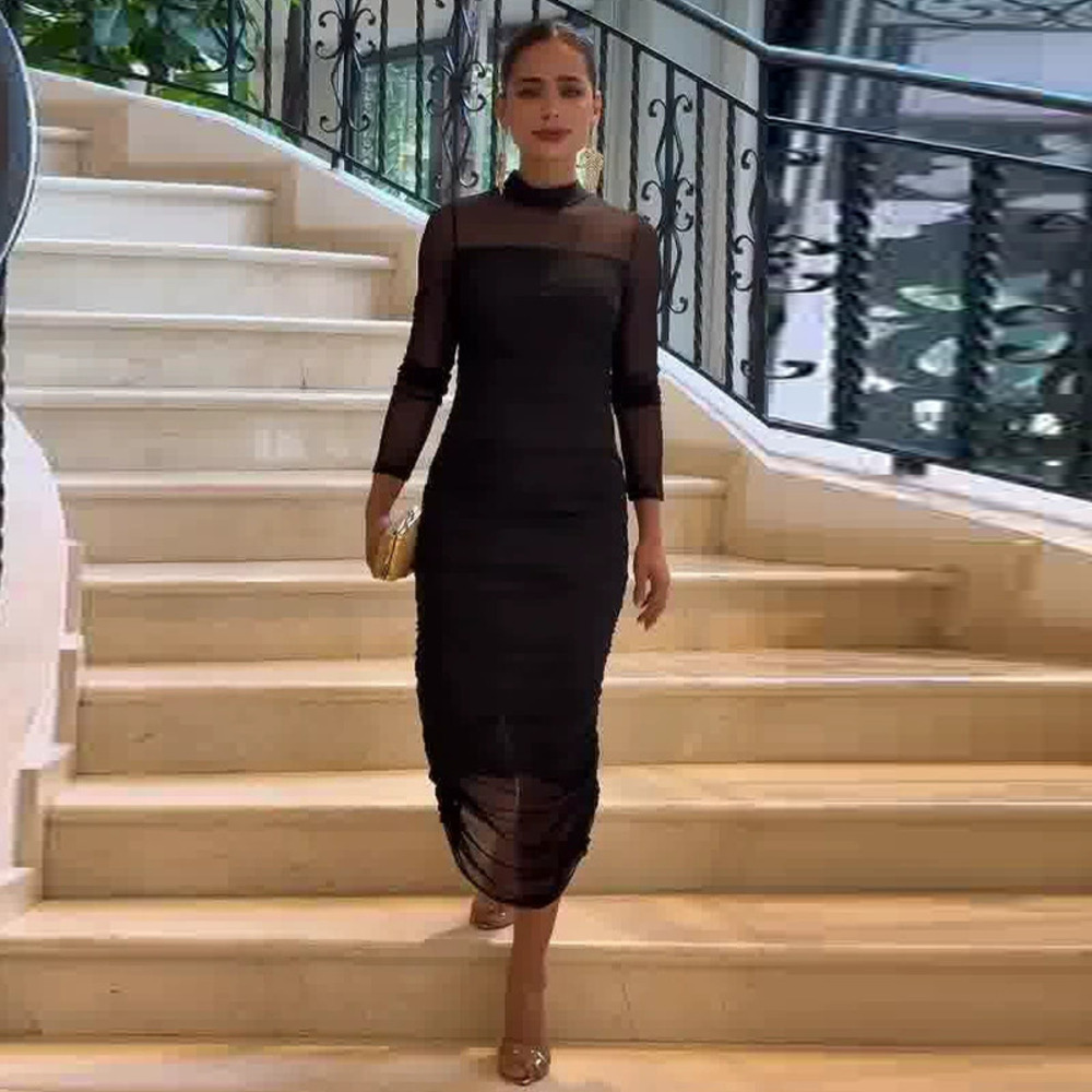 Forever 21 Black Mesh Long-Sleeve Round-Neck Bodycon Midi Dress